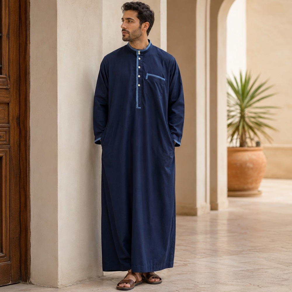 Men's Navy Embroidered Thobe Kaftan Long Robe Size 60 Blue Trim